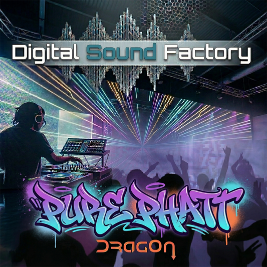 Digital cover art for Digital Sound Factory's Pure Phatt Dragon sound library, featuring a DJ performing in a club with laser lights and a crowd, with stylized graffiti text.