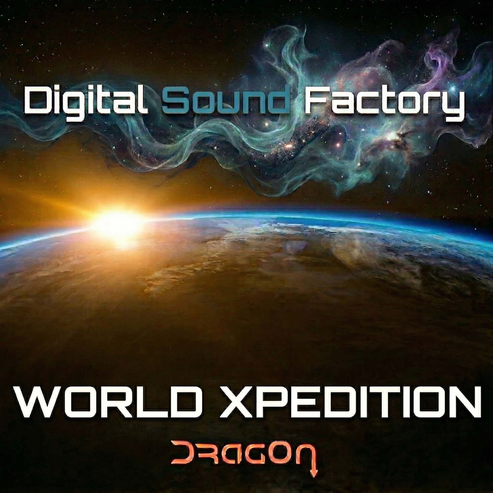 Digital cover art for 'World Xpedition' by Digital Sound Factory, featuring a dramatic space scene with a glowing sun rising over a planet, a swirling nebula in the upper sky, and stylized white and orange text.