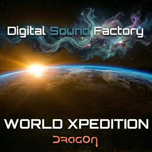 Digital cover art for 'World Xpedition' by Digital Sound Factory, featuring a dramatic space scene with a glowing sun rising over a planet, a swirling nebula in the upper sky, and stylized white and orange text.