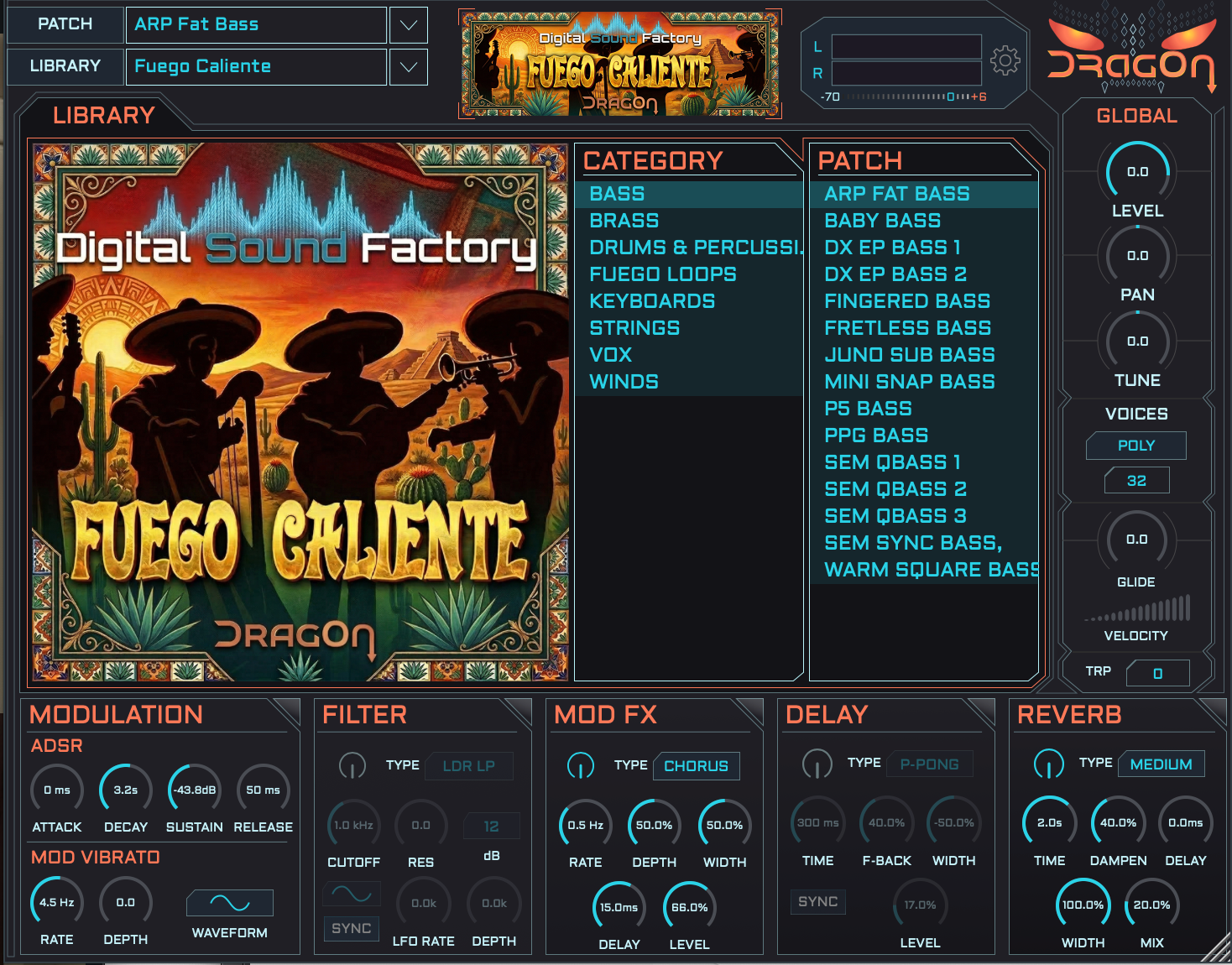 DragOn software interface for 'Fuego Caliente' sound library, featuring a dark UI with multiple panels, knobs, and a central album-art style graphic.