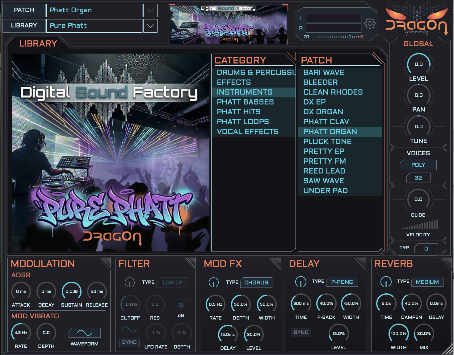 DragOn interface for Digital Sound Factory's Pure Phatt sound library, showing a library of sounds, category tabs, global controls, and modulation, filter, delay, and reverb modules in a dark teal and orange color scheme.