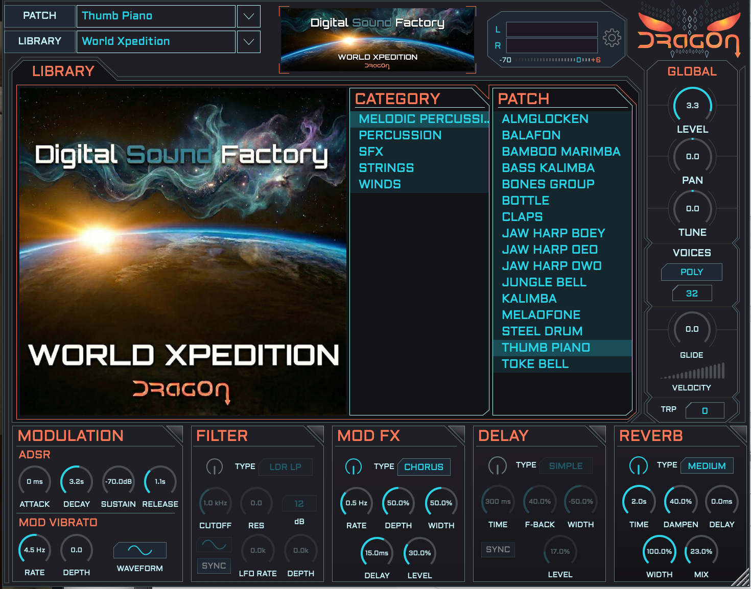 DragOn's software interface for the World Xpedition sound library, showing a library browser, category patch lists, modulation, filter, mod FX, delay, and reverb controls.